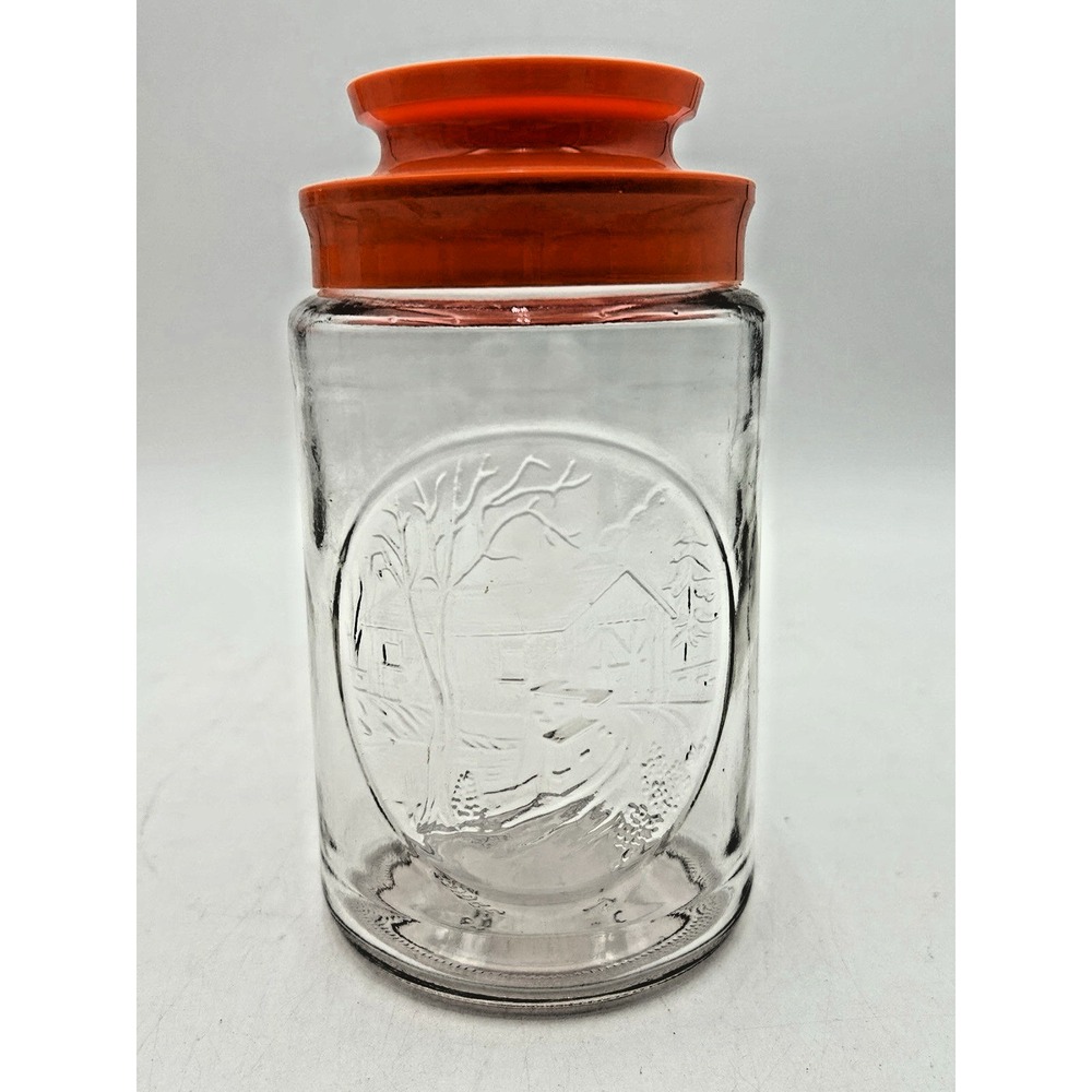 Anchor Hocking Tang "Bridge" Glass Storage Jar Orange Lid Vintage